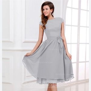 JJ’S House # 17303 Grey Chiffon Knee-length Bridesmaid Dress w/ Cap Sleeves